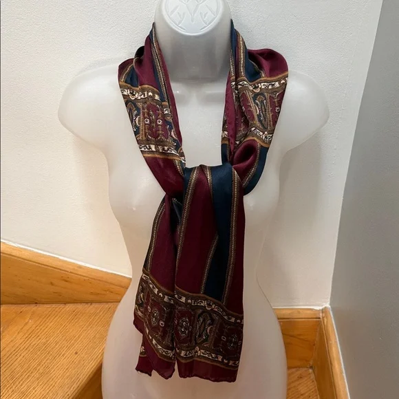 Vintage Bill Blass Silk Scarf Burgundy Navy Baroque Ornate Print - Picture 4 of 11
